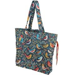 Birds Pattern Flowers Whimsical Drawstring Tote Bag by Salmanaz77