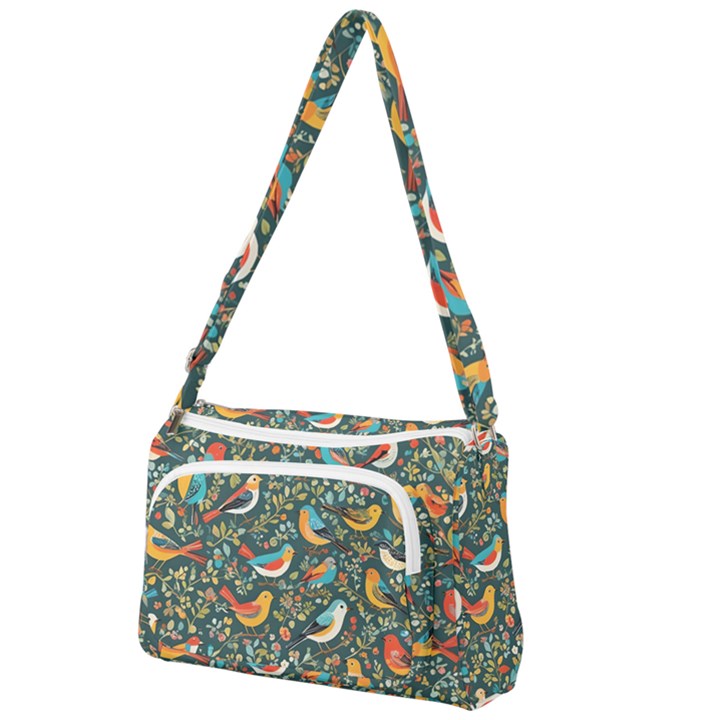 Birds Pattern Flowers Whimsical Front Pocket Crossbody Bag