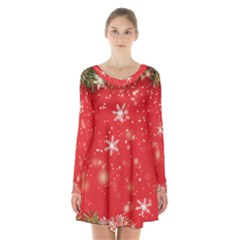 Christmas Ornament Long Sleeve Velvet V-neck Dress