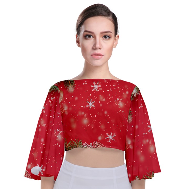 Christmas Ornament Tie Back Butterfly Sleeve Chiffon Top