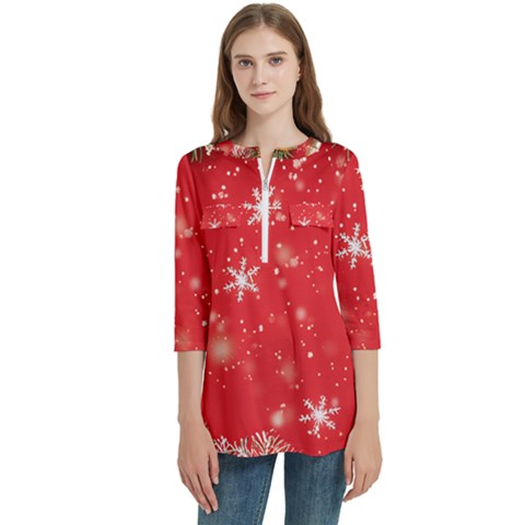 Christmas Ornament Women s Zip Front V-neck 3/4 Sleeve Casual Top Pocket Shirt by Salmanaz77