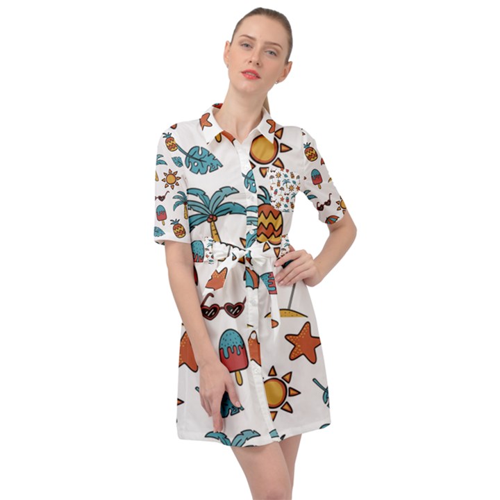 Summer Pineapple Fruit Tropical Belted Shirt Dress