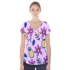 Flowers Petals Pineapples Fruit Short Sleeve Front Detail Top