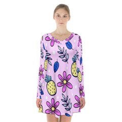 Flowers Petals Pineapples Fruit Long Sleeve Velvet V-neck Dress