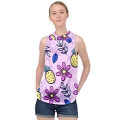 Flowers Petals Pineapples Fruit High Neck Satin Top by Paksenen