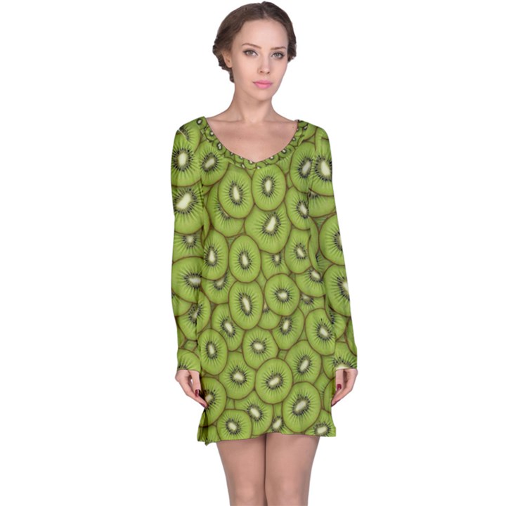 Kiwi Fruit Pattern Green Background Long Sleeve Nightdress