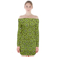 Kiwi Fruit Pattern Green Background Long Sleeve Off Shoulder Dress by Paksenen