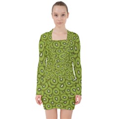 Kiwi Fruit Pattern Green Background V-neck Bodycon Long Sleeve Dress by Paksenen