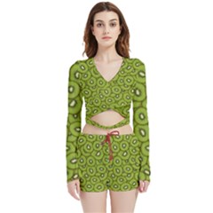 Kiwi Fruit Pattern Green Background Velvet Wrap Crop Top And Shorts Set by Paksenen