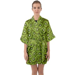 Kiwi Fruit Pattern Green Background Half Sleeve Satin Kimono  by Paksenen