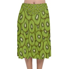 Kiwi Fruit Pattern Green Background Velvet Flared Midi Skirt