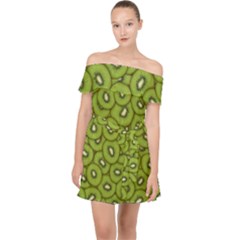 Kiwi Fruit Pattern Green Background Off Shoulder Chiffon Dress by Paksenen