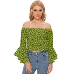 Kiwi Fruit Pattern Green Background Off Shoulder Flutter Bell Sleeve Top by Paksenen