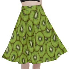 Kiwi Fruit Pattern Green Background A-line Full Circle Midi Skirt With Pocket by Paksenen