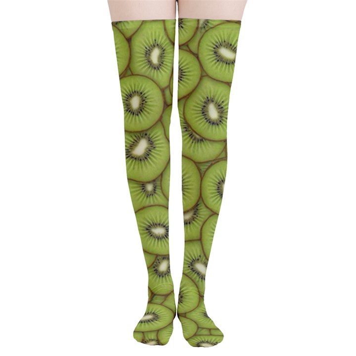 Kiwi Fruit Pattern Green Background Thigh High Stockings