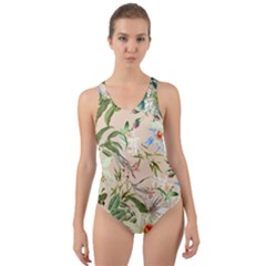 Textile Fabric Tropical Cut-out Back One Piece Swimsuit by Paksenen