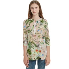 Textile Fabric Tropical Women s Zip Front V-neck 3/4 Sleeve Casual Top Pocket Shirt