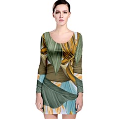 Monstera Palm Leaves Plants Long Sleeve Velvet Bodycon Dress