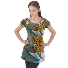 Monstera Palm Leaves Plants Puff Sleeve Tunic Top by Paksenen