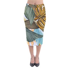 Monstera Palm Leaves Plants Velvet Midi Pencil Skirt by Paksenen