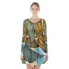 Monstera Palm Leaves Plants Long Sleeve Velvet V-neck Dress