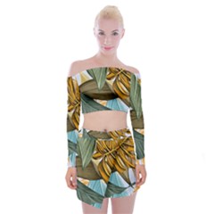 Monstera Palm Leaves Plants Off Shoulder Top With Mini Skirt Set by Paksenen