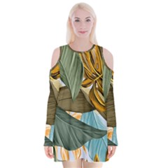 Monstera Palm Leaves Plants Velvet Long Sleeve Shoulder Cutout Dress