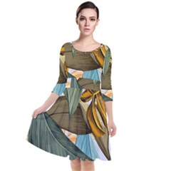 Monstera Palm Leaves Plants Quarter Sleeve Waist Band Dress by Paksenen