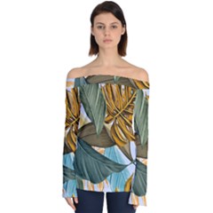 Monstera Palm Leaves Plants Off Shoulder Long Sleeve Top by Paksenen