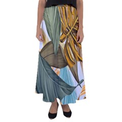 Monstera Palm Leaves Plants Flared Maxi Skirt by Paksenen