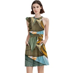 Monstera Palm Leaves Plants Cocktail Party Halter Sleeveless Dress With Pockets by Paksenen