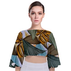 Monstera Palm Leaves Plants Tie Back Butterfly Sleeve Chiffon Top by Paksenen