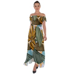 Monstera Palm Leaves Plants Off Shoulder Open Front Chiffon Dress by Paksenen