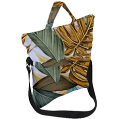 Monstera Palm Leaves Plants Fold Over Handle Tote Bag by Paksenen