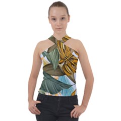 Monstera Palm Leaves Plants Cross Neck Velour Top by Paksenen