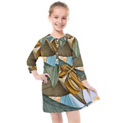 Monstera Palm Leaves Plants Kids  Quarter Sleeve Shirt Dress by Paksenen