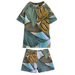 Monstera Palm Leaves Plants Kids  Swim T-shirt And Shorts Set by Paksenen