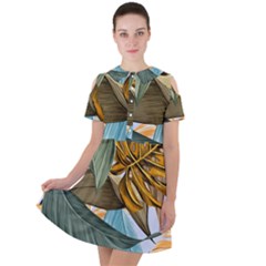 Monstera Palm Leaves Plants Short Sleeve Shoulder Cut Out Dress  by Paksenen