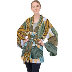 Monstera Palm Leaves Plants Long Sleeve Velvet Kimono  by Paksenen