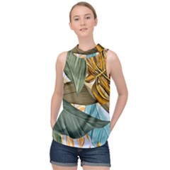 Monstera Palm Leaves Plants High Neck Satin Top by Paksenen