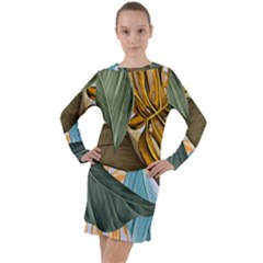 Monstera Palm Leaves Plants Long Sleeve Hoodie Dress by Paksenen