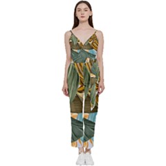 Monstera Palm Leaves Plants V-neck Camisole Jumpsuit by Paksenen