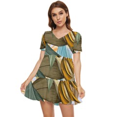 Monstera Palm Leaves Plants Tiered Short Sleeve Babydoll Dress by Paksenen