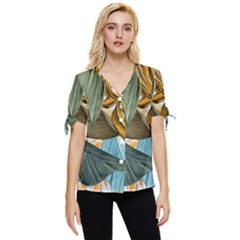 Monstera Palm Leaves Plants Bow Sleeve Button Up Top by Paksenen