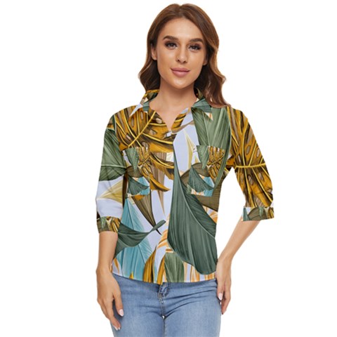 Monstera Palm Leaves Plants Women s Quarter Sleeve Pocket Shirt by Paksenen