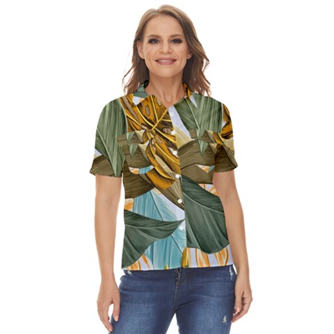 Monstera Palm Leaves Plants Women s Short Sleeve Double Pocket Shirt by Paksenen