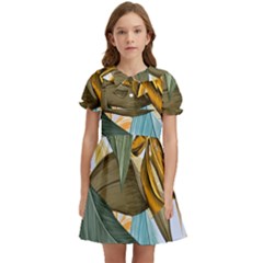 Monstera Palm Leaves Plants Kids  Bow Tie Puff Sleeve Dress by Paksenen