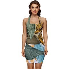 Monstera Palm Leaves Plants Sleeveless Wide Square Neckline Ruched Bodycon Dress by Paksenen