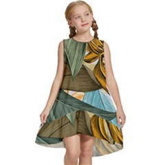 Monstera Palm Leaves Plants Kids  Frill Swing Dress by Paksenen