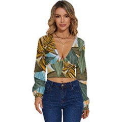 Monstera Palm Leaves Plants Long Sleeve Deep-v Velour Top by Paksenen